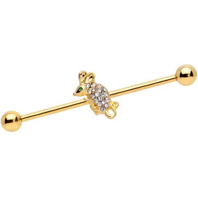 14 Gauge Clear Aqua Gem Gold Tone Mouse Industrial Barbell 38mm