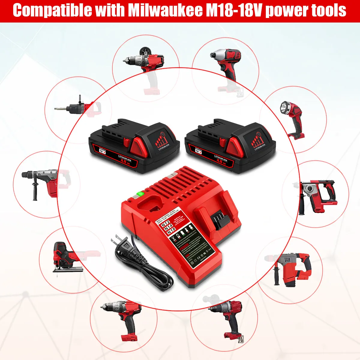 18V 4.0AH 48-11-1820 Compact Battery with Charger Combo for Milwaukee 18V M18 Battery and Charger 2.0 AH 1.5 Ah 3.0 Ah 18V Lithium Battery Charger Kit