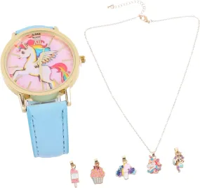 1pc Kids Unicorn Pattern Dial Quartz Watch & 1pc Necklace & 4pcs Pendant S186570