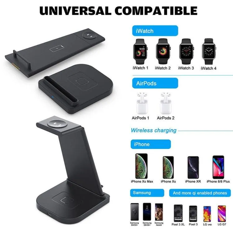 3-in-1 Wireless Charging Stand for iPhone, Apple Watch, and AirPods - Foldable Multi-Function Charger