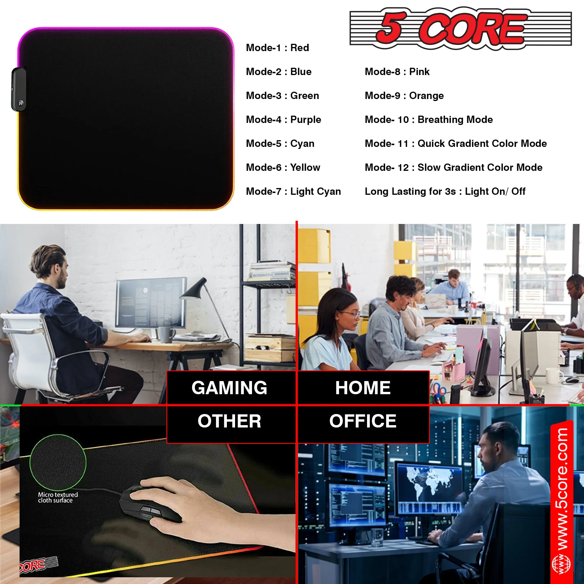 5Core RGB Soft Padded Gaming Mouse Pad