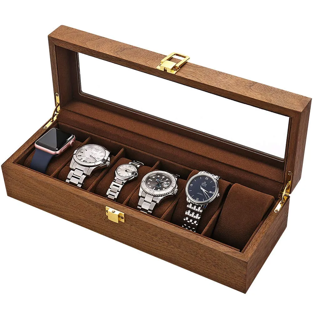 6 Slot Brown Wooden Travel Watch Box  Leather Watch Box Display Case