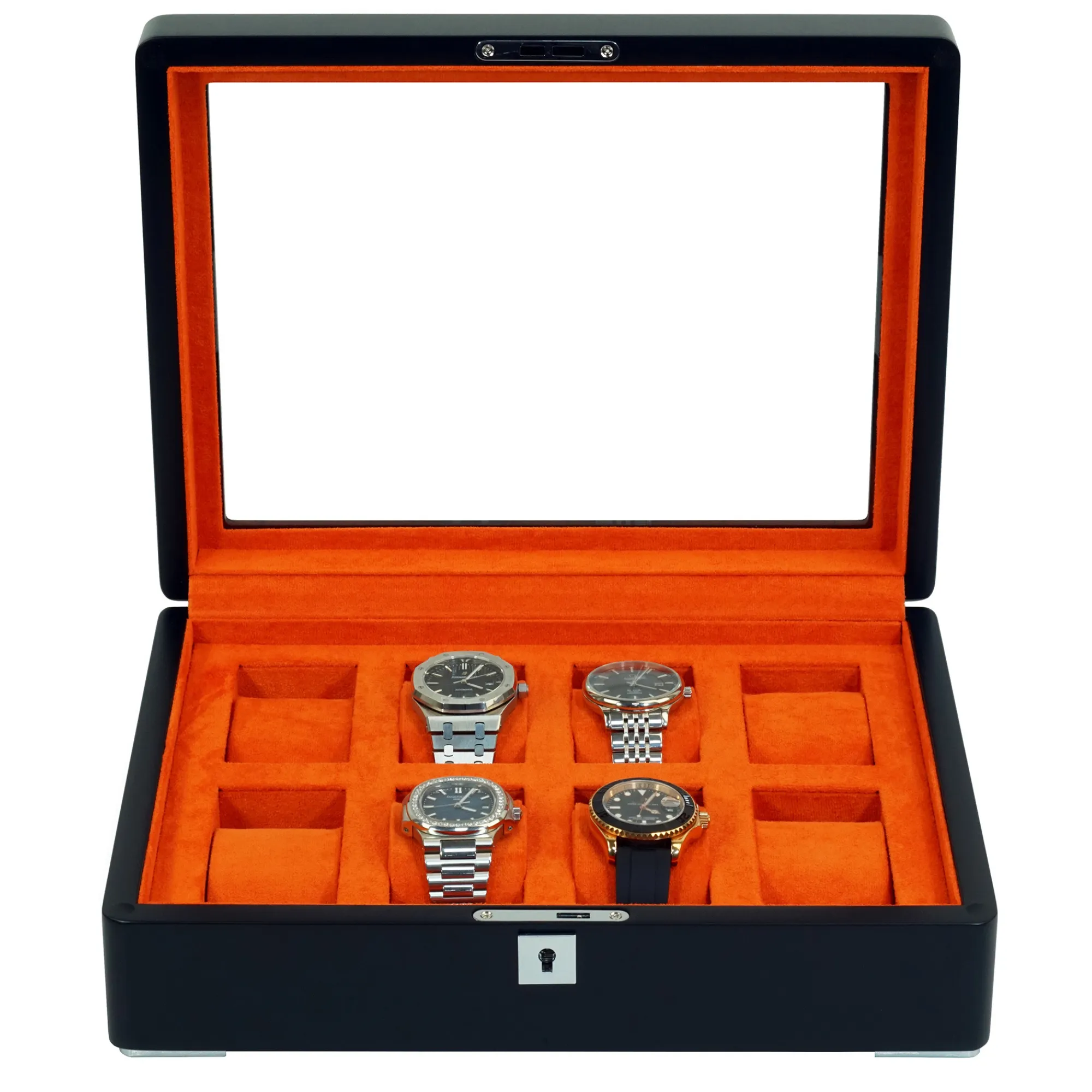 8 Slot Black Wooden Watch Box with Orange Interior