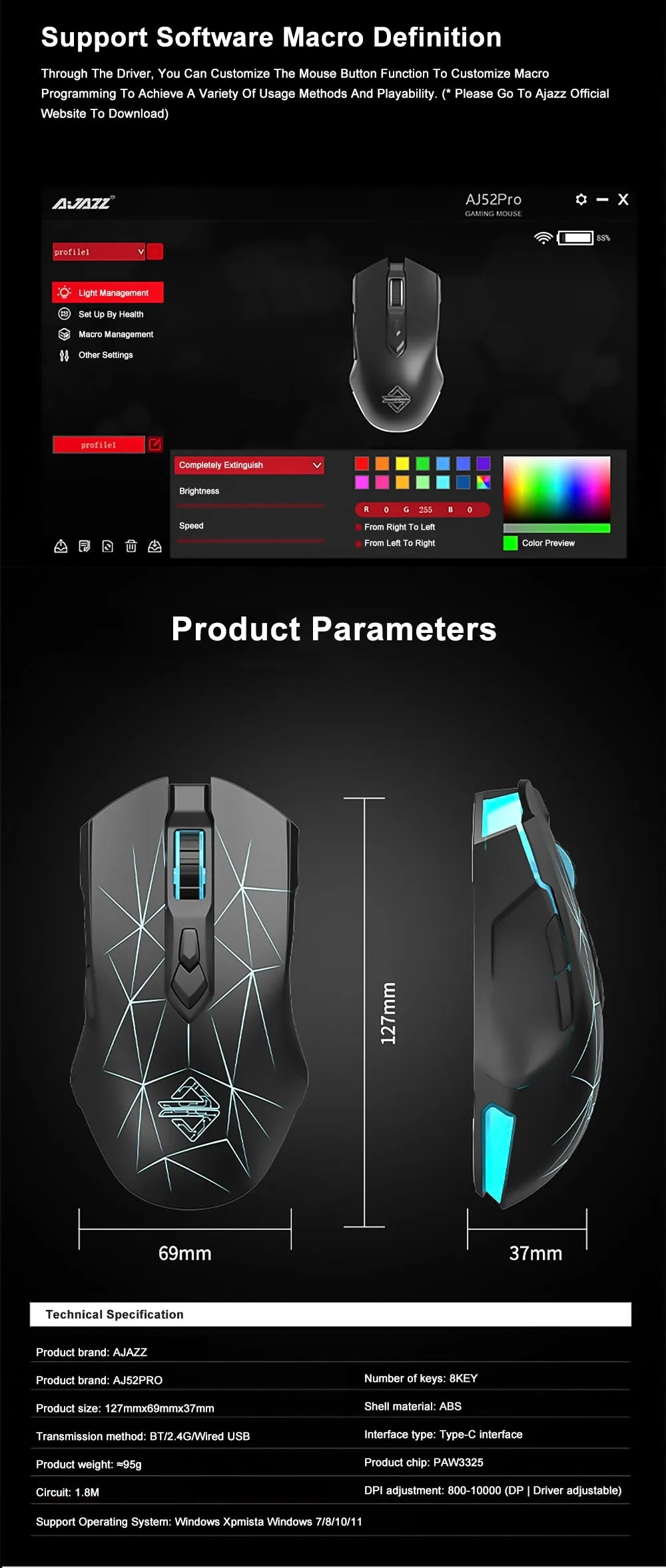 Ajazz AJ52 Pro Black wired&wireless Gaming Mouse RGB