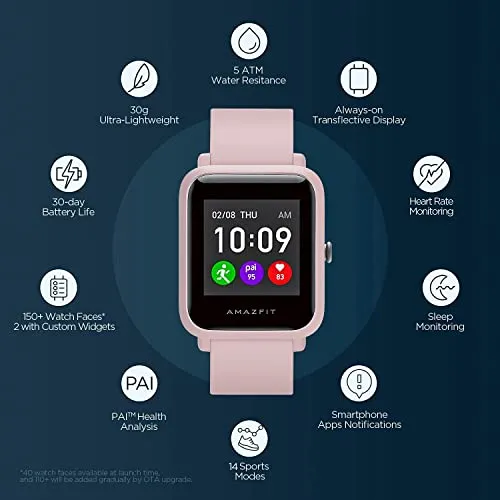 Amazfit Bip S Lite Smart Watch Fitness Tracker for Women, 30 Days Battery Life, 1.28”Always-on Display, 14 Sports Modes, Heart Rate & Sleep Monitor, 5 ATM Waterproof, for Android Phone iPhone(Pink)