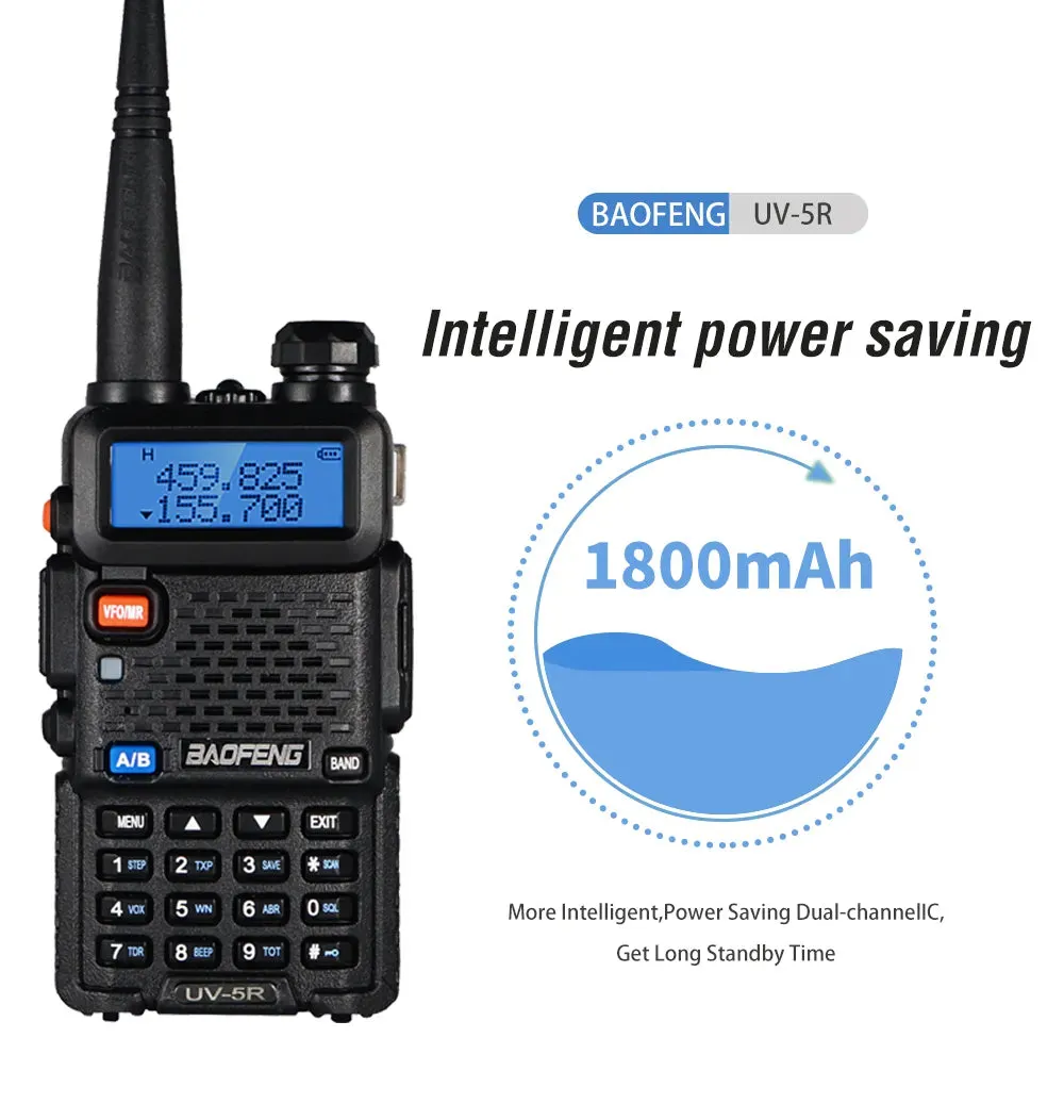 Baofeng UV5R LED Screen 5W Handheld High-power VHF/UHF136-174MHz&400-520MHz Dual Band Frequency Modulation 1800mah Walkie Talkie