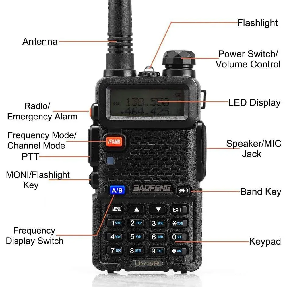 Baofeng UV5R LED Screen 5W Handheld High-power VHF/UHF136-174MHz&400-520MHz Dual Band Frequency Modulation 1800mah Walkie Talkie