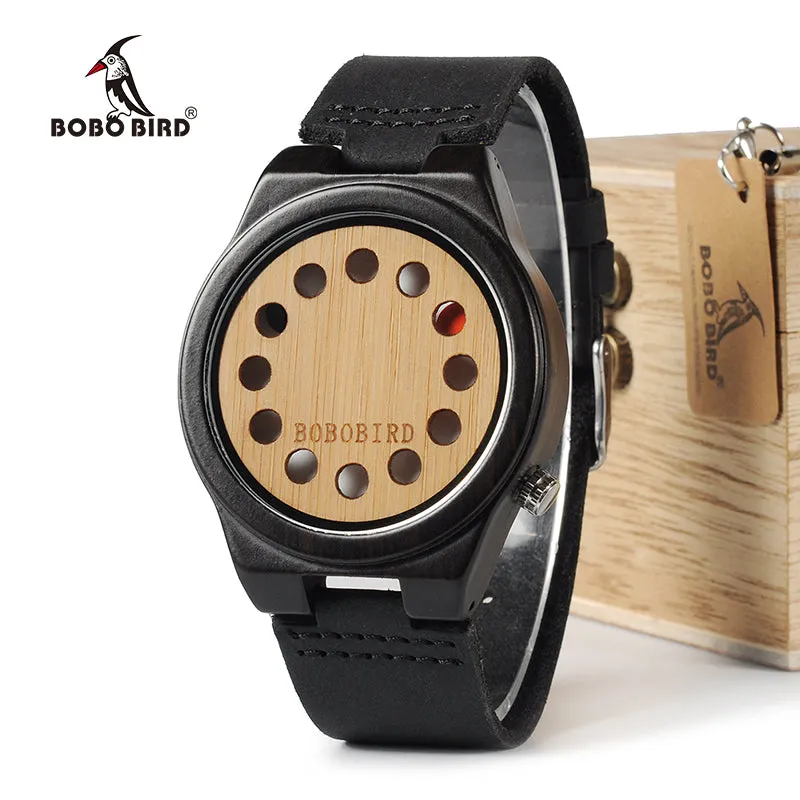 BOBO BIRD WB17 Mens Watches Top Brand Luxury Black Sandalwood Bamboo 12 Holes Dial Quartz Watches With Real Leather Band OEM