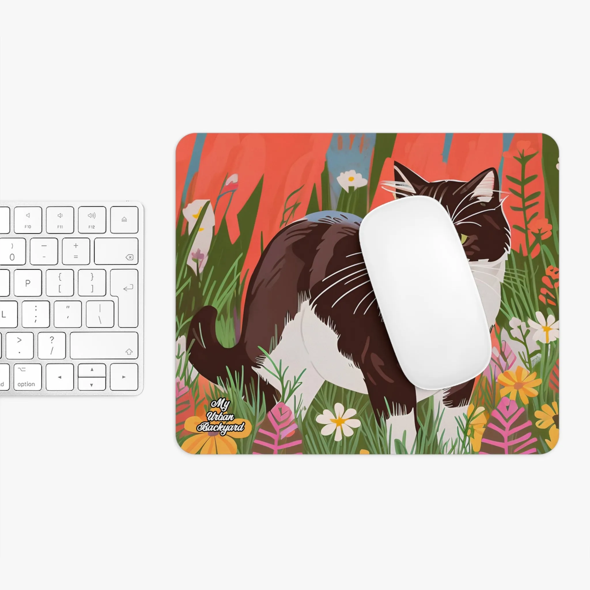 Cat with Wildflowers, Computer Mouse Pad - for Home or Office