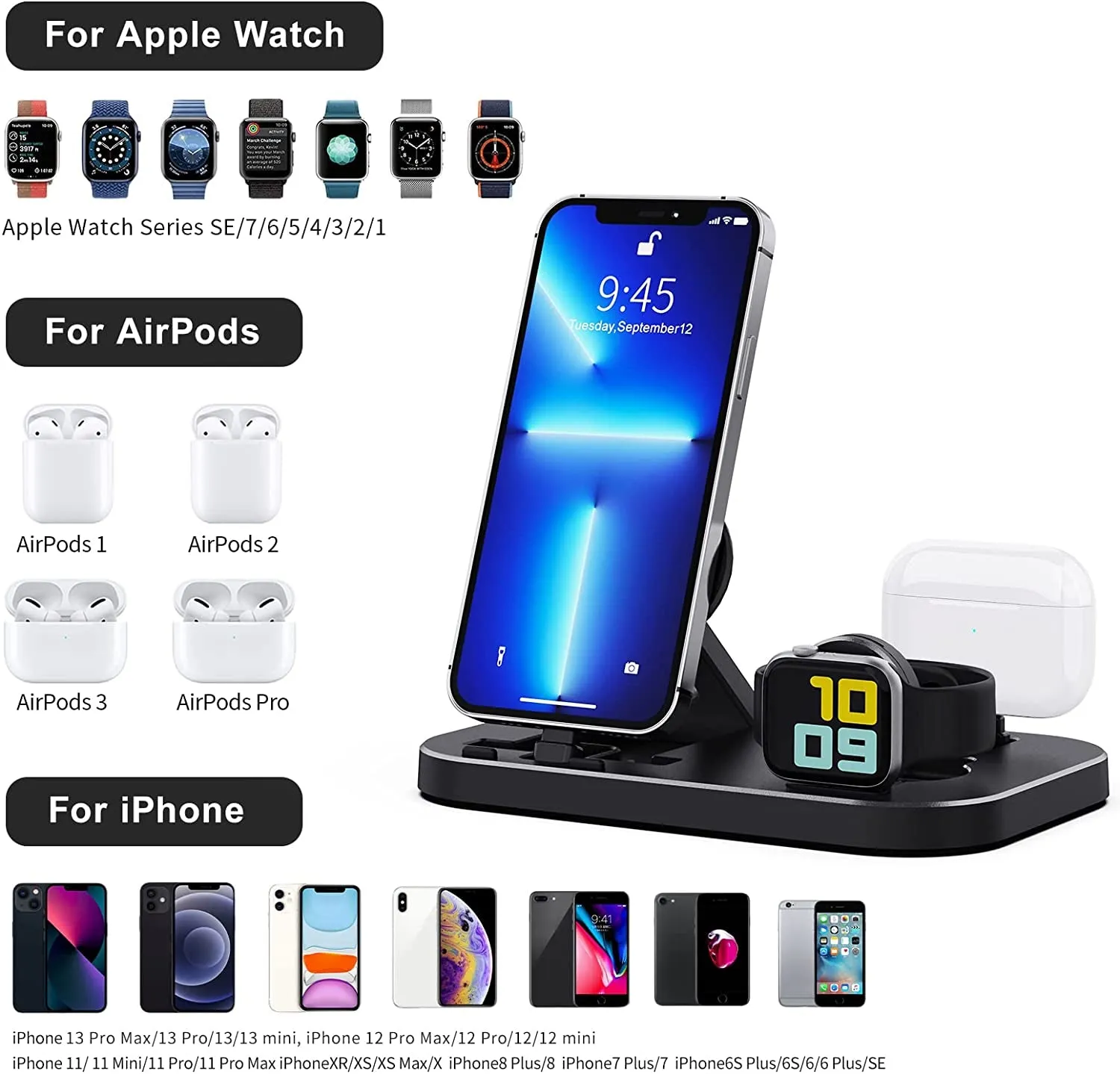 Charging Station for Multiple Devices Apple, 3 in 1 Charging Dock for Iphone/Airpods Series, Portable Charging Stand for Iwatch Series 8/Ultra/7/6/5/4/3/2/1/Se(With 15W Adapter and Cable) Black