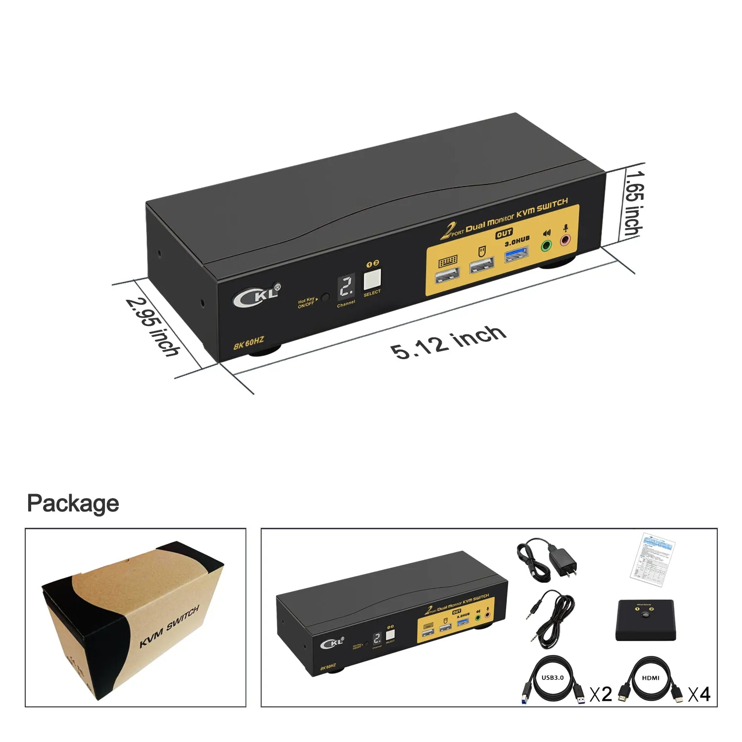 CKL 2 Port HDMI KVM Switch 2 Monitors 8K@60Hz 4K@144Hz with Cables Supports Emulation EDID, Hotkey Switching, 5.1 Digital Fiber Optical and 7.1 Surround Sound Audio Output  922HUA-7