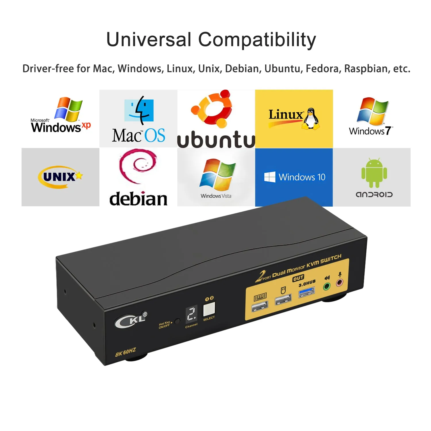 CKL 2 Port HDMI KVM Switch 2 Monitors 8K@60Hz 4K@144Hz with Cables Supports Emulation EDID, Hotkey Switching, 5.1 Digital Fiber Optical and 7.1 Surround Sound Audio Output  922HUA-7