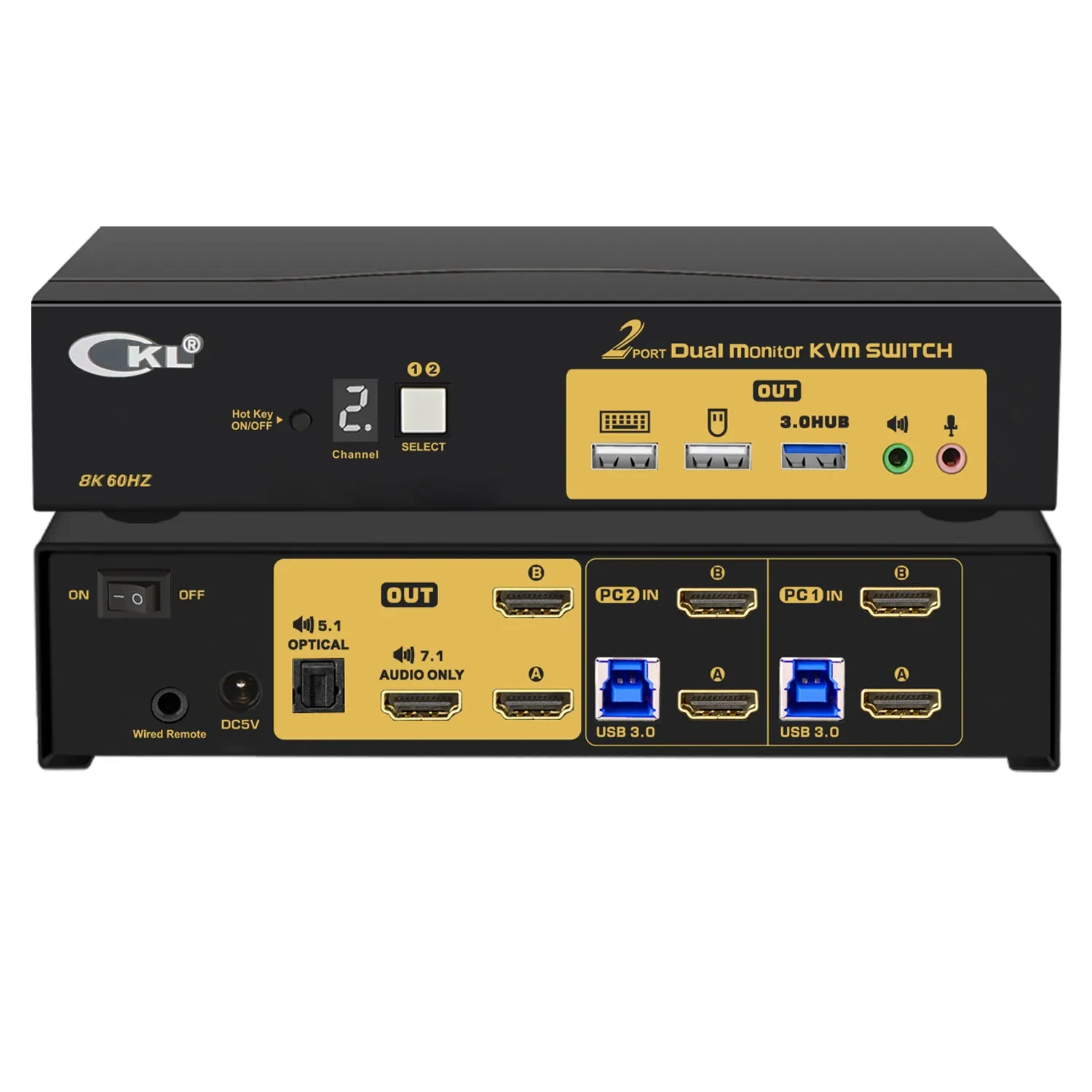 CKL 2 Port HDMI KVM Switch 2 Monitors 8K@60Hz 4K@144Hz with Cables Supports Emulation EDID, Hotkey Switching, 5.1 Digital Fiber Optical and 7.1 Surround Sound Audio Output  922HUA-7