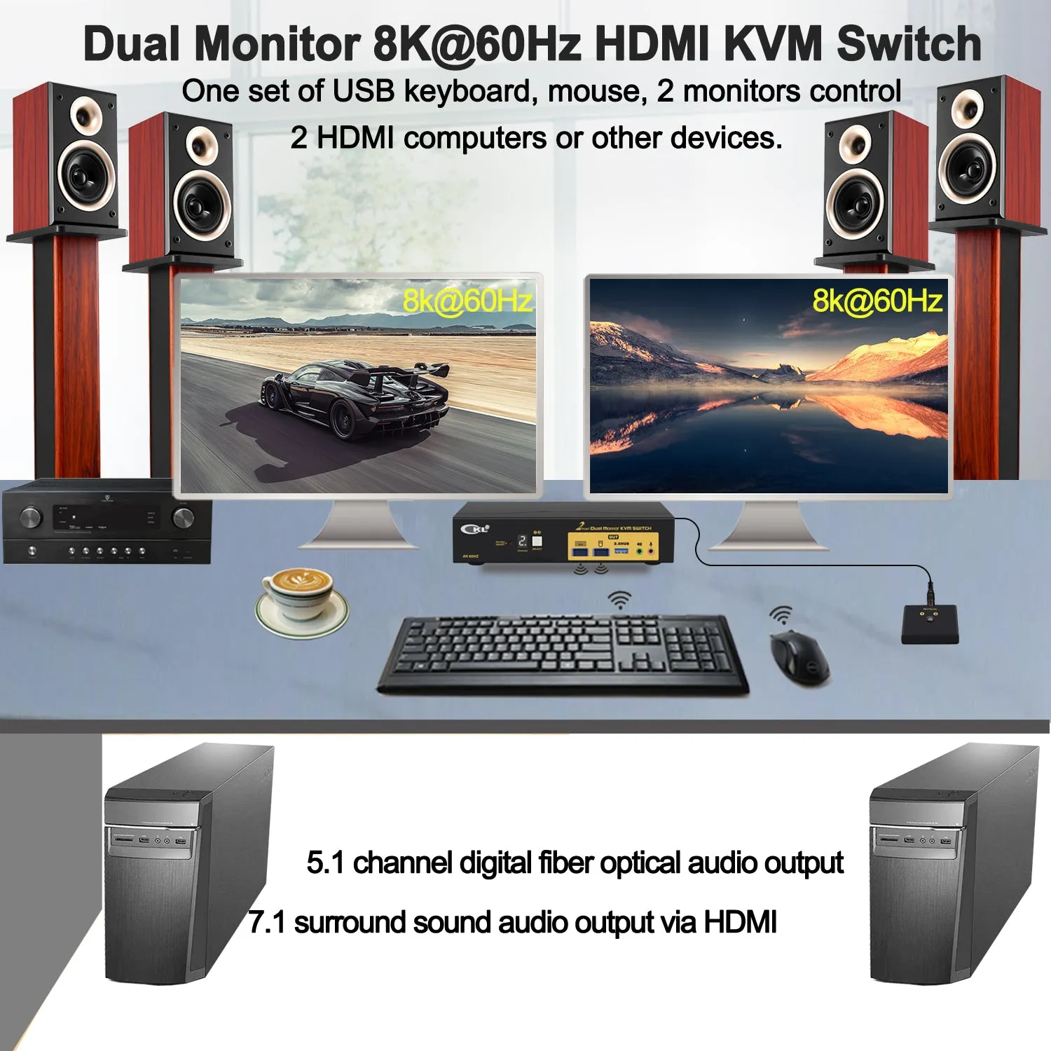 CKL 2 Port HDMI KVM Switch 2 Monitors 8K@60Hz 4K@144Hz with Cables Supports Emulation EDID, Hotkey Switching, 5.1 Digital Fiber Optical and 7.1 Surround Sound Audio Output  922HUA-7