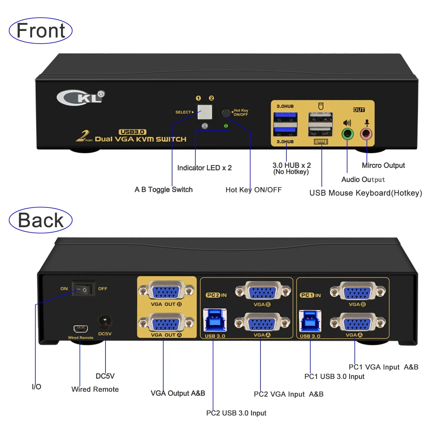 CKL 2 Port USB 3.0 VGA KVM Switch Dual Monitor Extended Display Supports 2048 * 1536@450MHz CKL-822UA-3