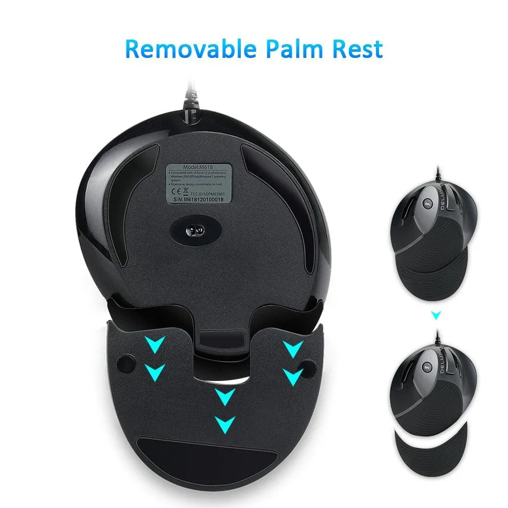 Delux M618BU Vertical Ergonomic Mouse: Wired mouse with palm rest and 6 buttons