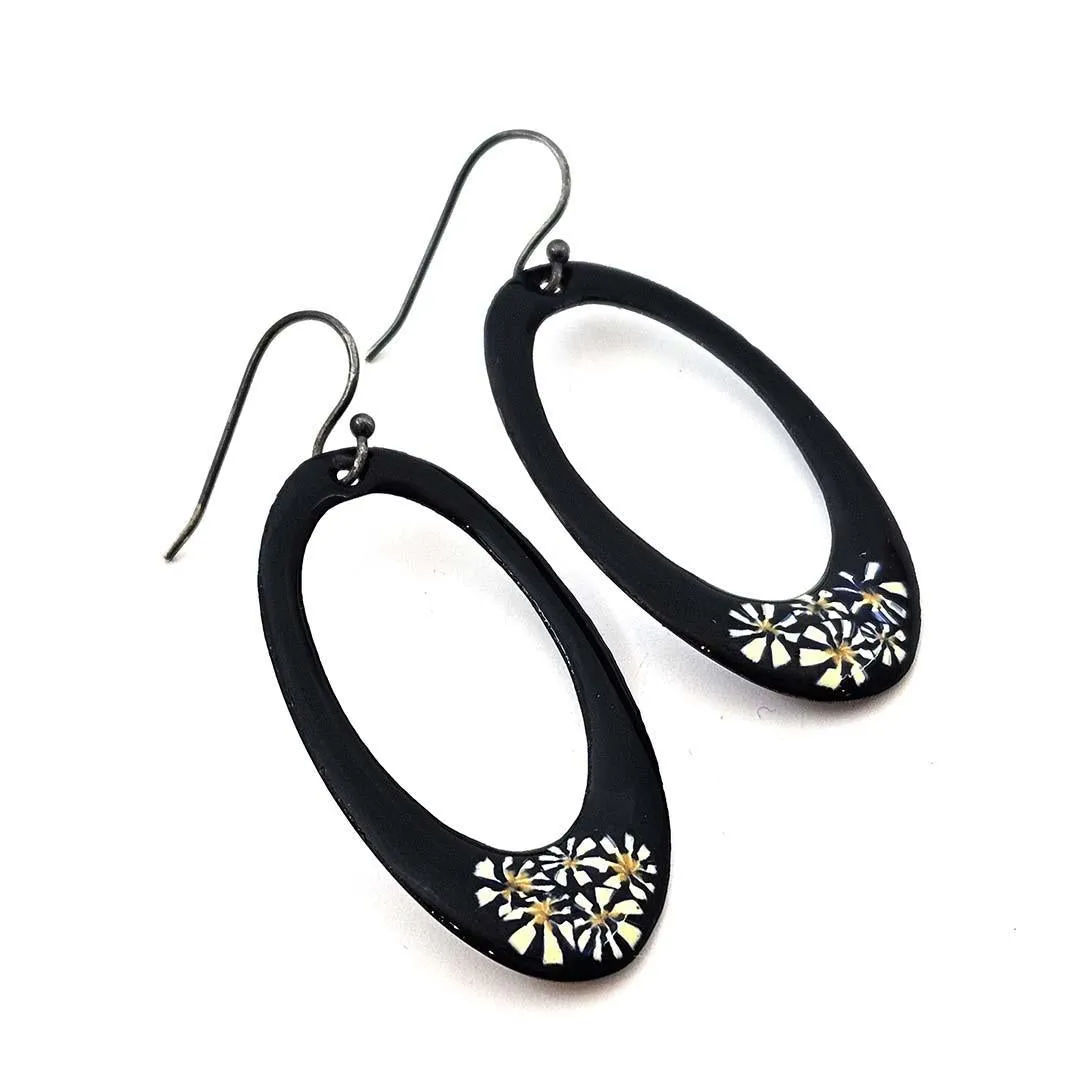 Earrings - Open Oval (Black Daisies) by Magpie Mouse Studios