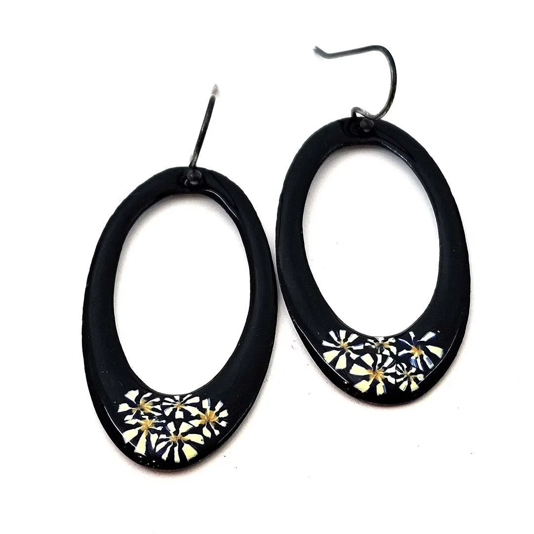 Earrings - Open Oval (Black Daisies) by Magpie Mouse Studios