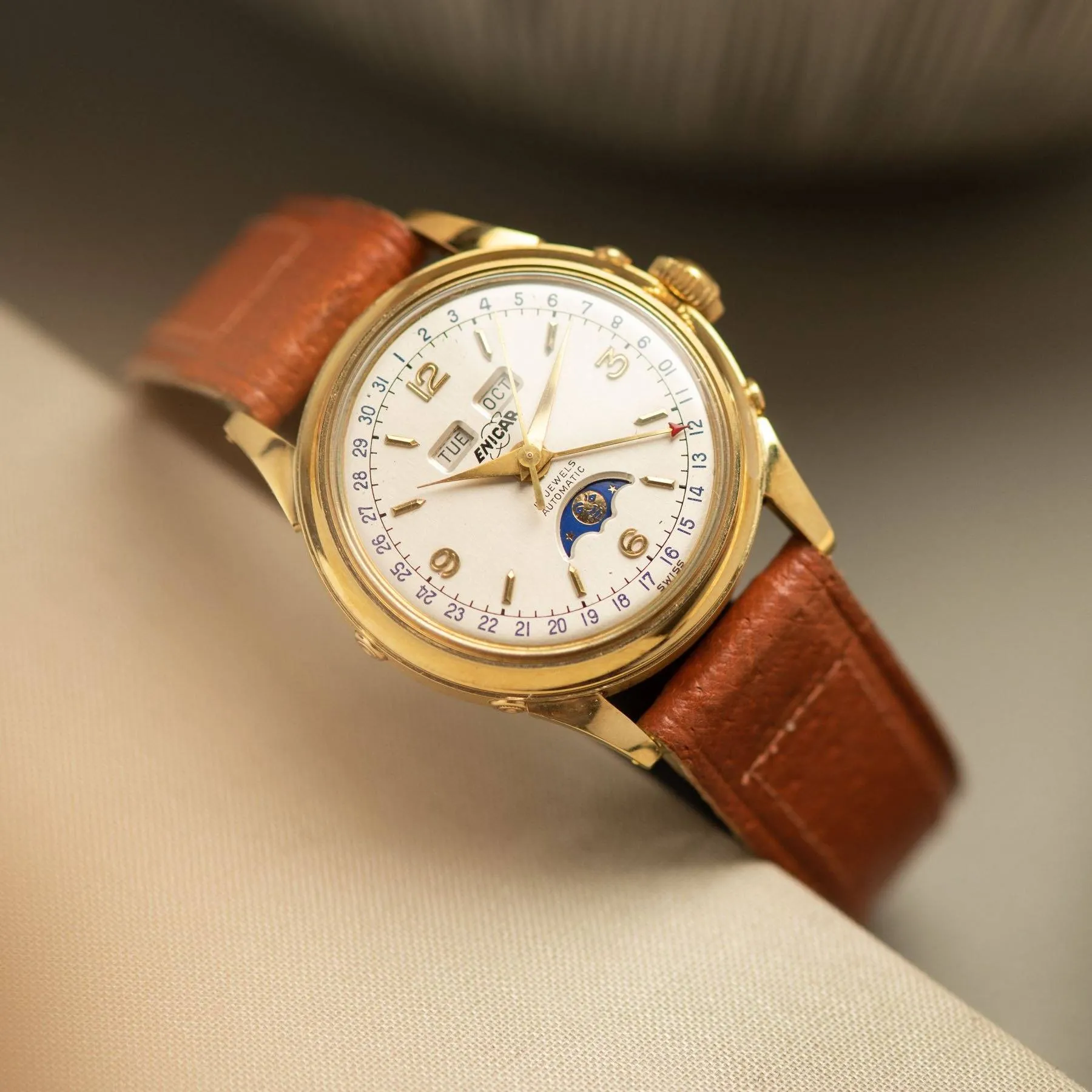 Enicar Triple Calendar Moonphase Yellow Gold Dress Watch