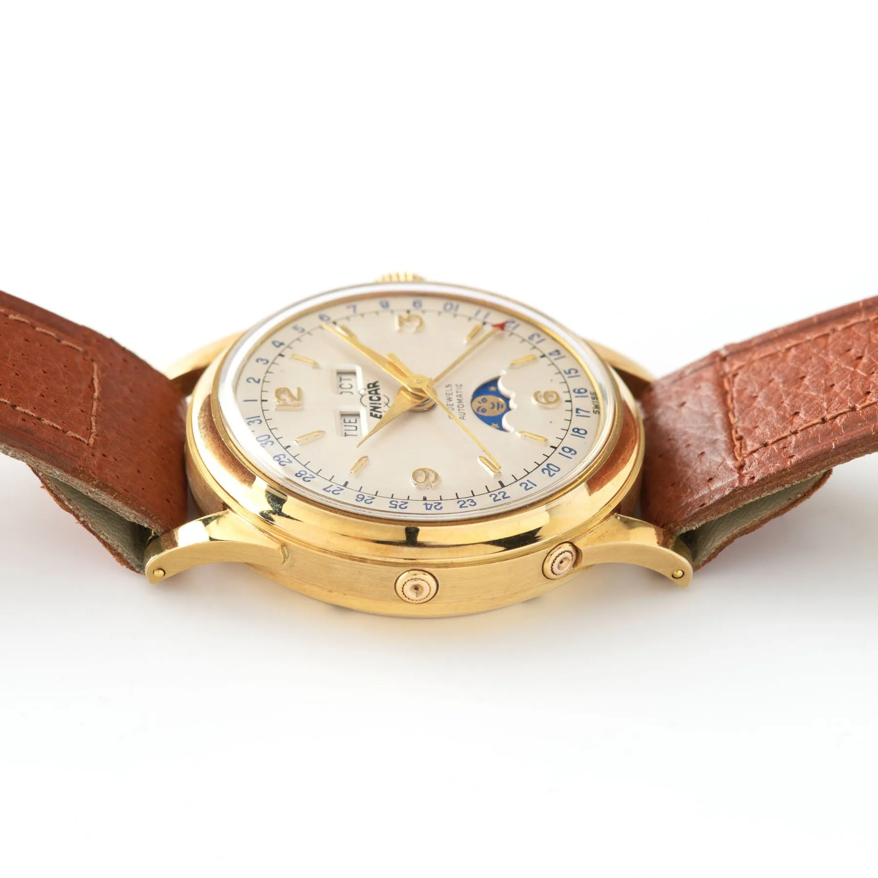 Enicar Triple Calendar Moonphase Yellow Gold Dress Watch