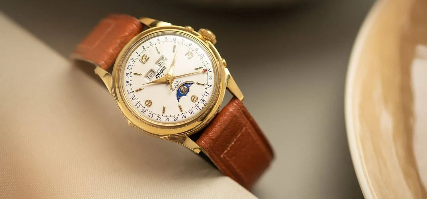 Enicar Triple Calendar Moonphase Yellow Gold Dress Watch