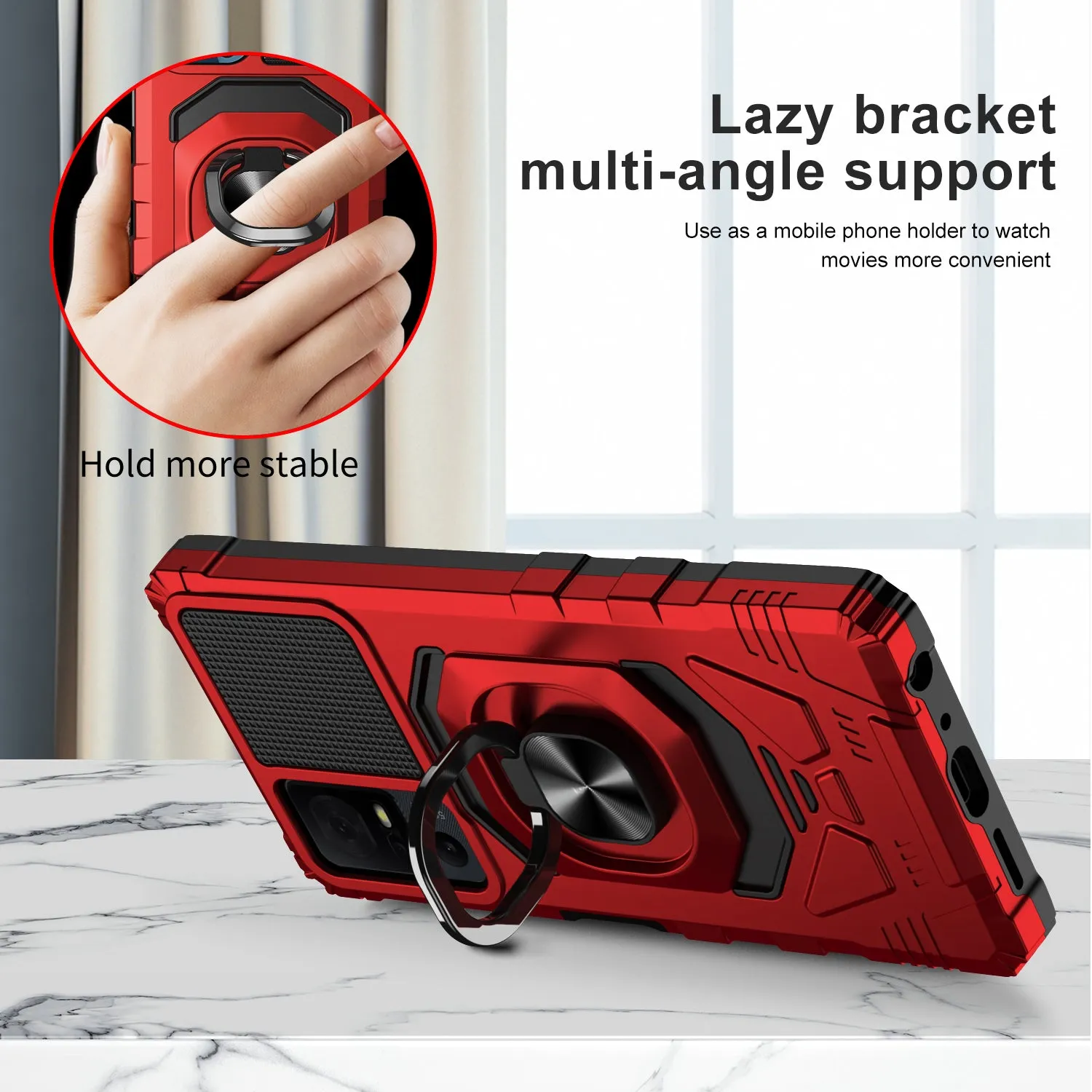 For Alcatel Jitterbug Smart 4 Case [Military Grade] Ring Car Mount Kickstand w/[Tempered Glass] Hybrid Hard PC Soft TPU Shockproof Protective Case - Red