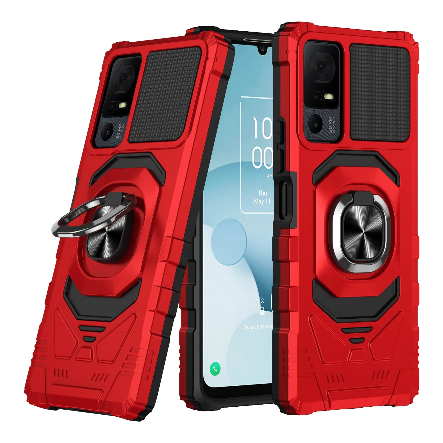 For Alcatel Jitterbug Smart 4 Case [Military Grade] Ring Car Mount Kickstand w/[Tempered Glass] Hybrid Hard PC Soft TPU Shockproof Protective Case - Red