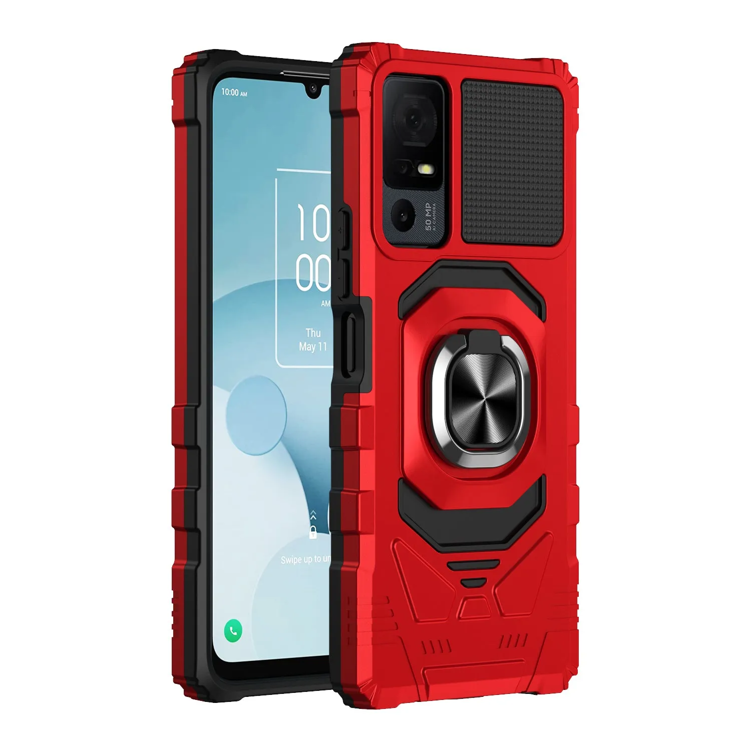 For Alcatel Jitterbug Smart 4 Case [Military Grade] Ring Car Mount Kickstand w/[Tempered Glass] Hybrid Hard PC Soft TPU Shockproof Protective Case - Red