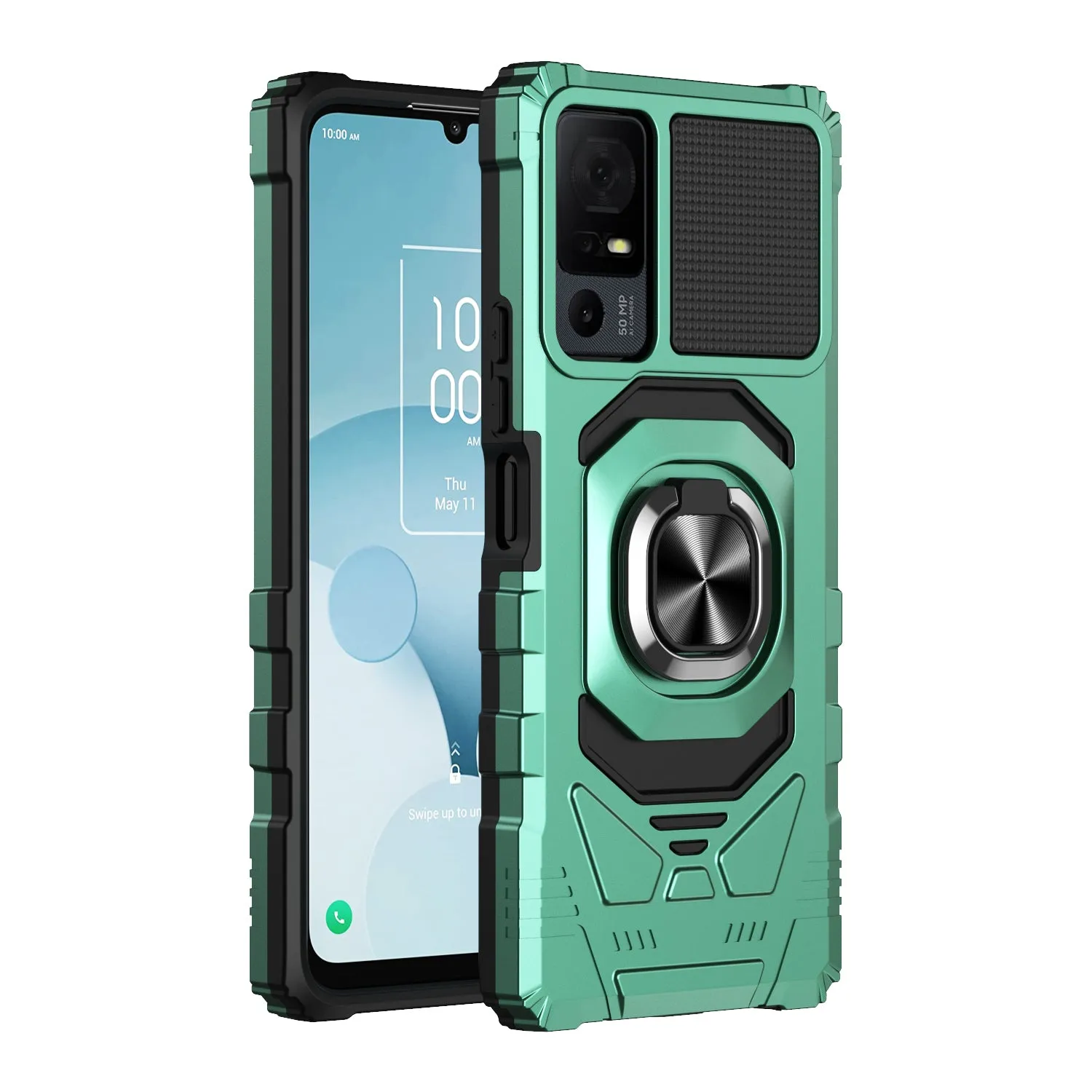 For Alcatel Jitterbug Smart 4 Case [Military Grade] Ring Car Mount Kickstand w/[Tempered Glass] Hybrid Hard PC Soft TPU Shockproof Protective Case - Teal