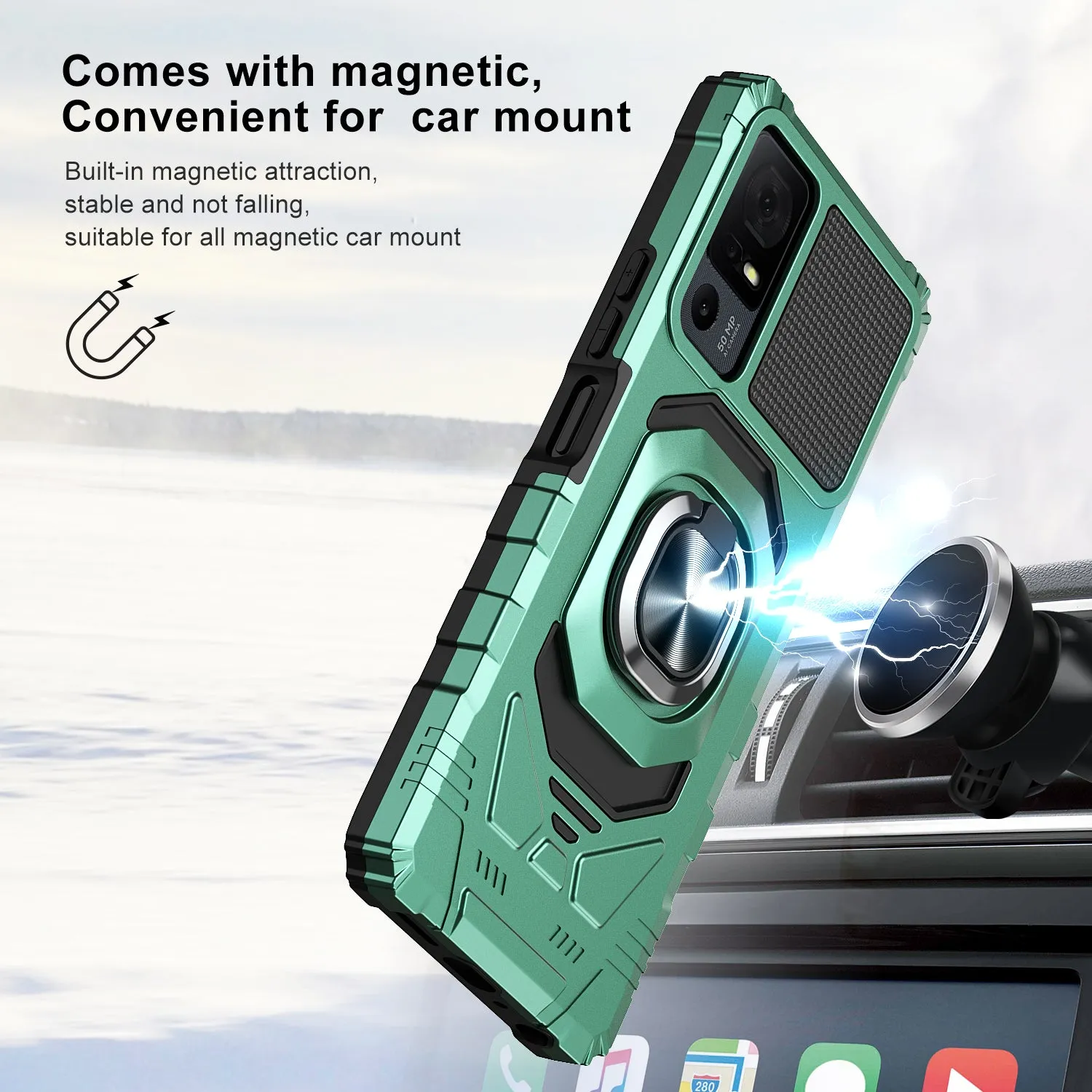 For Alcatel Jitterbug Smart 4 Case [Military Grade] Ring Car Mount Kickstand w/[Tempered Glass] Hybrid Hard PC Soft TPU Shockproof Protective Case - Teal