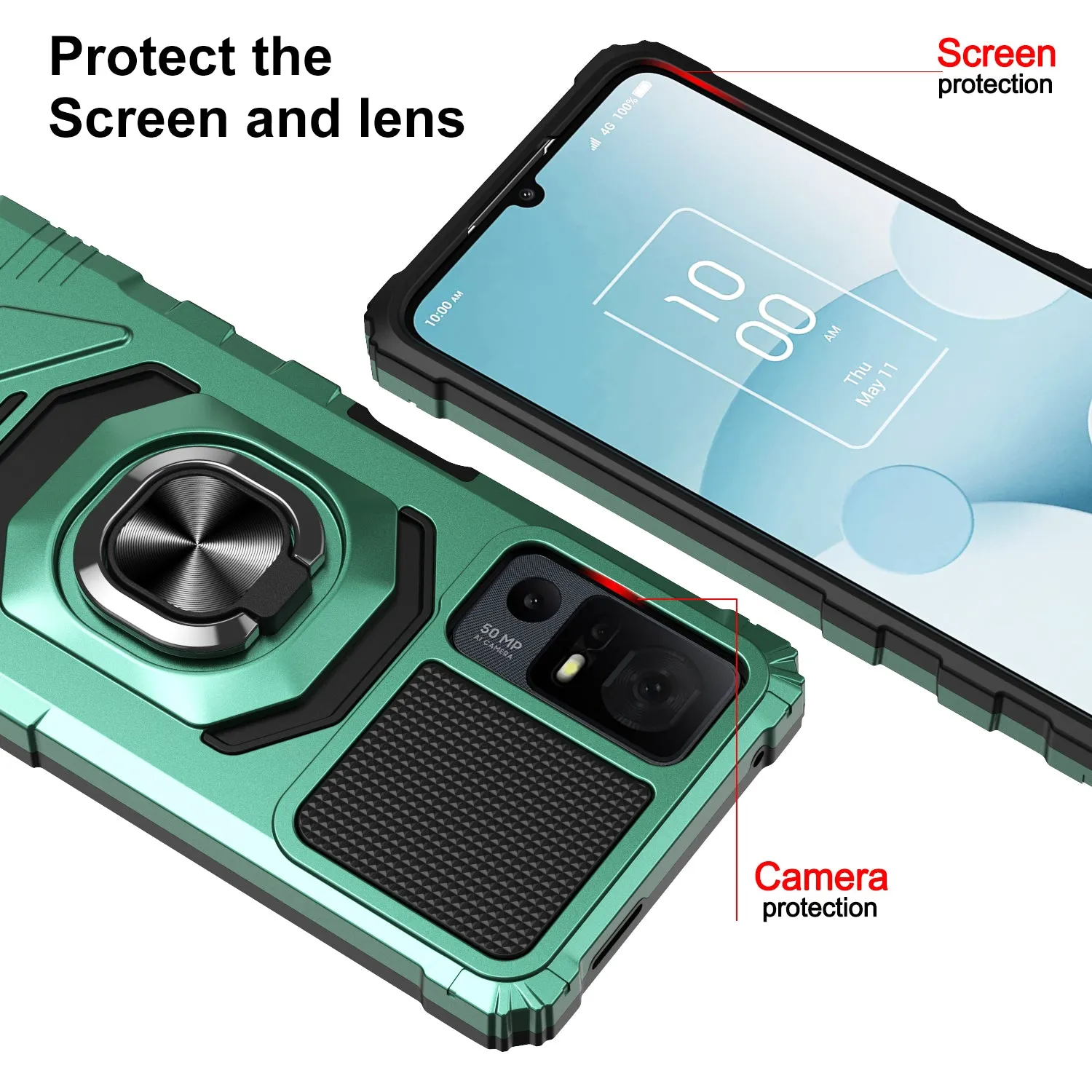 For Alcatel Jitterbug Smart 4 Case [Military Grade] Ring Car Mount Kickstand w/[Tempered Glass] Hybrid Hard PC Soft TPU Shockproof Protective Case - Teal