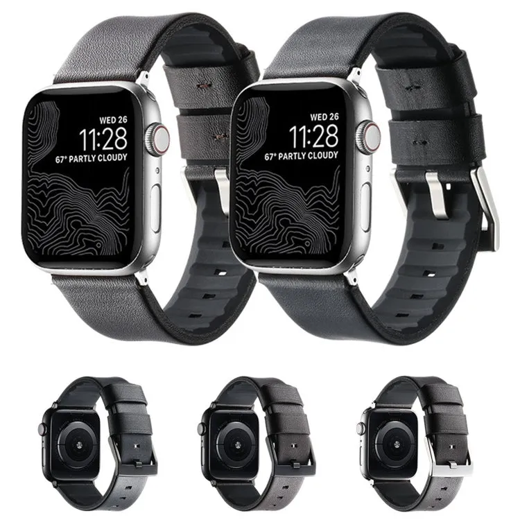 For Apple Watch Series 5 40mm Genuine Leather Hybrid Silicone Watch Band(Black Sliver Buckle)