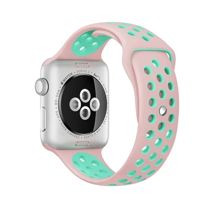 For Apple Watch Ultra 49mm&Watch Ultra 2 49mm / Series 10 46mm / 9&8&7 45mm / SE 3&SE 2&6&SE&5&4 44mm / 3&2&1 42mm Fashionable Classical Silicone Sport Watch Band(Pink Green)