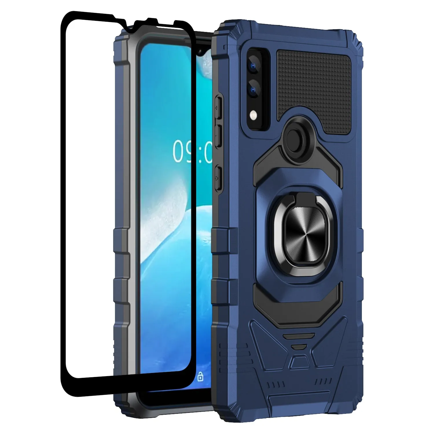 For AT&T Maestro 3 Case [Military Grade] Ring Car Mount Kickstand w/[Tempered Glass] Hybrid Hard PC Soft TPU Shockproof Protective Case - Blue