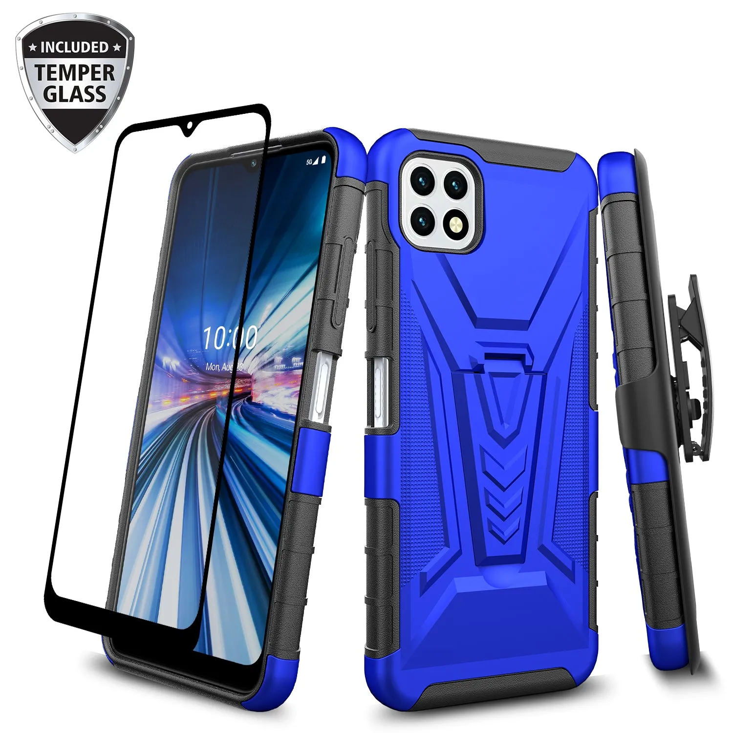 For Boost Celero 5G Case with Tempered Glass Screen Protector Heavy Duty Protective Phone Case,Built-in Kickstand Rugged Shockproof Protective Phone Case - Blue