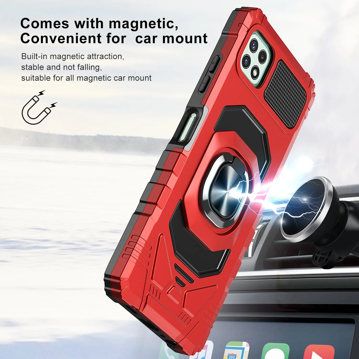 For Boost Celero 5G Plus Case with Tempered Glass Screen Protector Hybrid Ring Shockproof Hard Case Phone Cover - Red