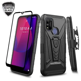 For Coolpad suva Case with Tempered Glass Screen Protector Heavy Duty Protective Phone Case,Built-in Kickstand Rugged Shockproof Protective Phone Case - Black