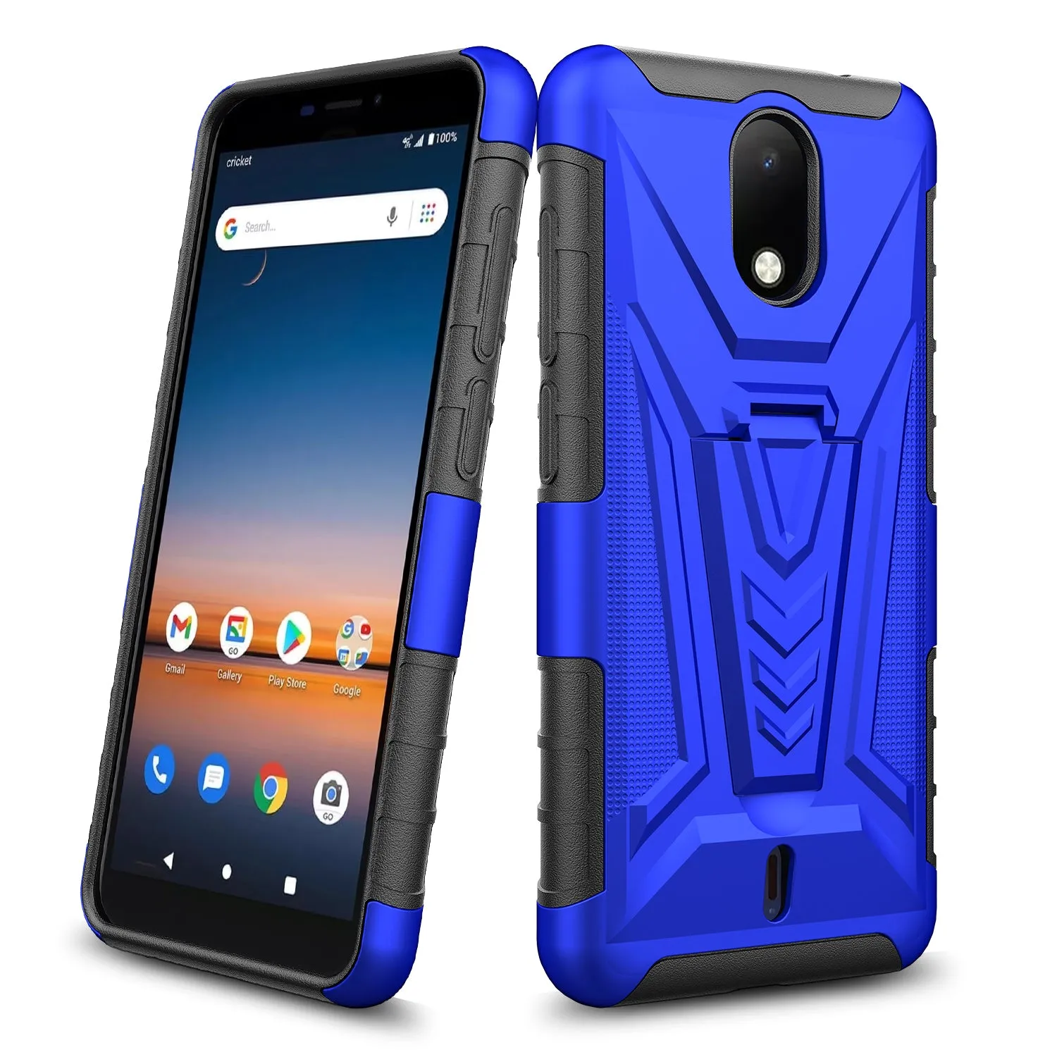 For Cricket Debut Case with Tempered Glass Screen Protector Heavy Duty Protective Phone Case,Built-in Kickstand Rugged Shockproof Protective Phone Case - Blue