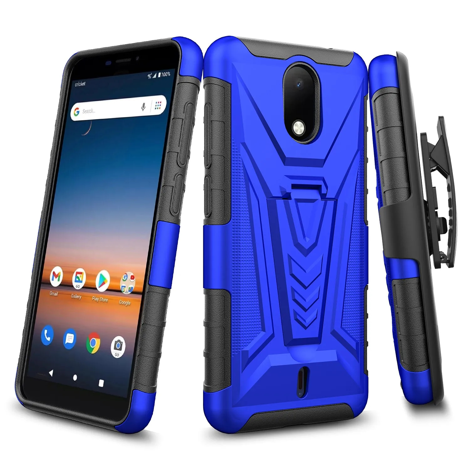 For Cricket Debut Case with Tempered Glass Screen Protector Heavy Duty Protective Phone Case,Built-in Kickstand Rugged Shockproof Protective Phone Case - Blue