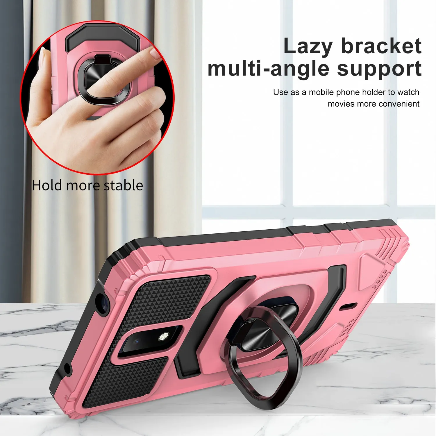 For Cricket Debut Case with Tempered Glass Screen Protector Hybrid Ring Shockproof Hard Case Phone Cover - Rose Gold