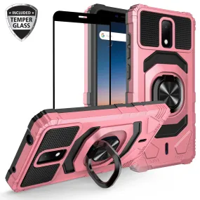 For Cricket Debut Case with Tempered Glass Screen Protector Hybrid Ring Shockproof Hard Case Phone Cover - Rose Gold