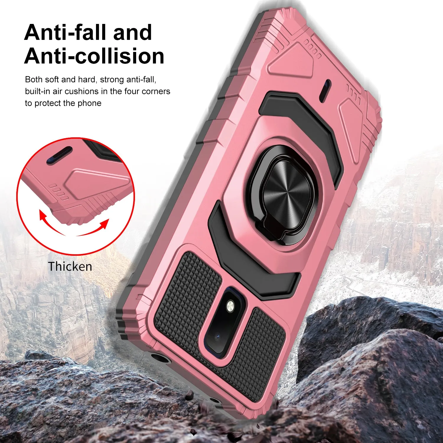 For Cricket Debut Case with Tempered Glass Screen Protector Hybrid Ring Shockproof Hard Case Phone Cover - Rose Gold