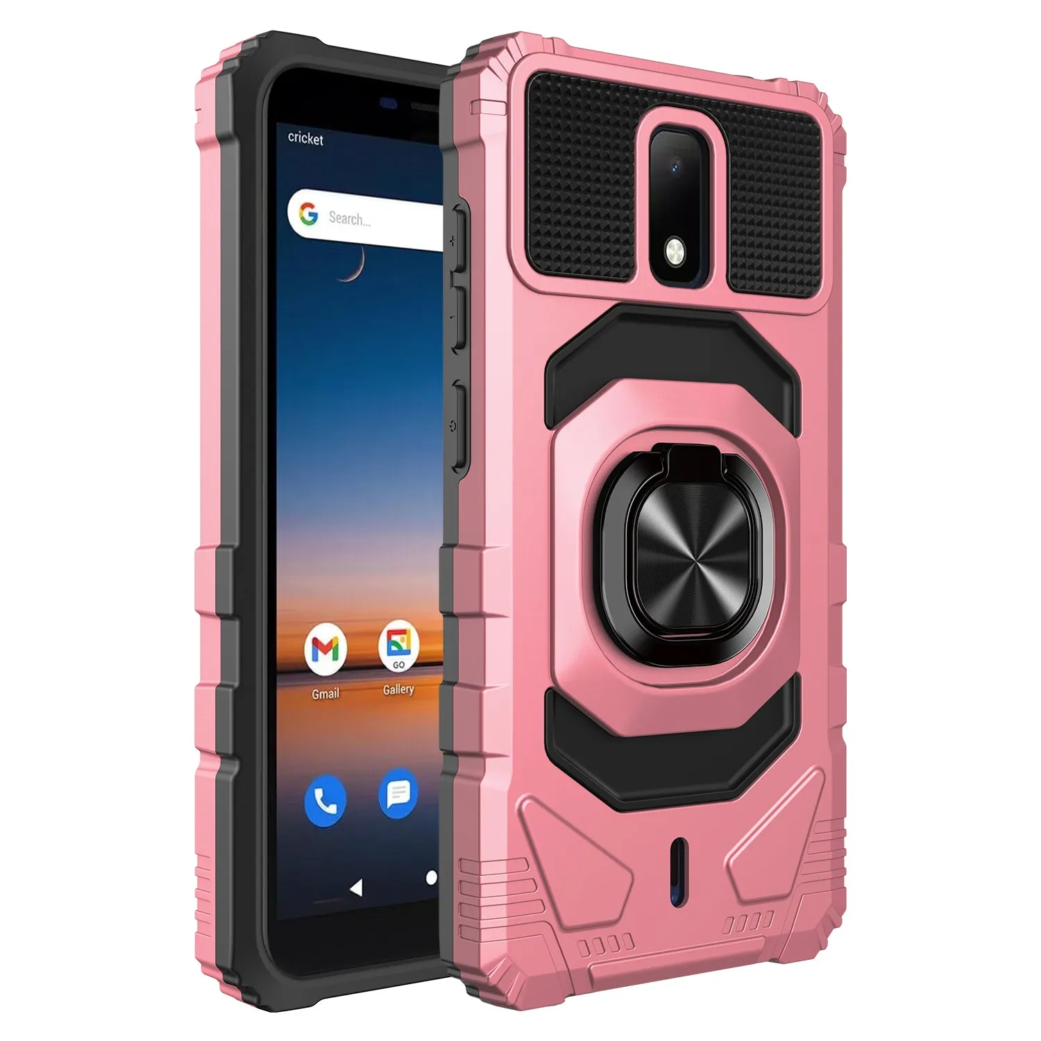 For Cricket Debut Case with Tempered Glass Screen Protector Hybrid Ring Shockproof Hard Case Phone Cover - Rose Gold