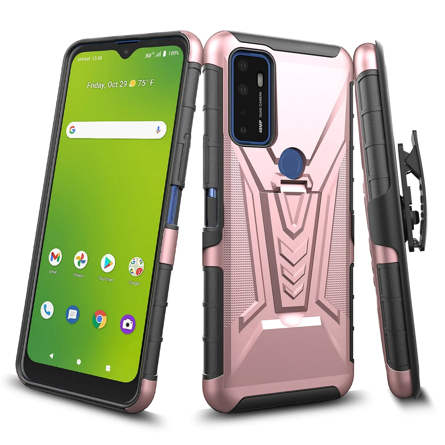 For Cricket Dream 5G / AT&T Radiant Max 5G / AT&T Fusion 5G Case with Tempered Glass Screen Protector Heavy Duty Protective Phone Case,Built-in Kickstand Rugged Shockproof Protective Phone Case - Rose Gold