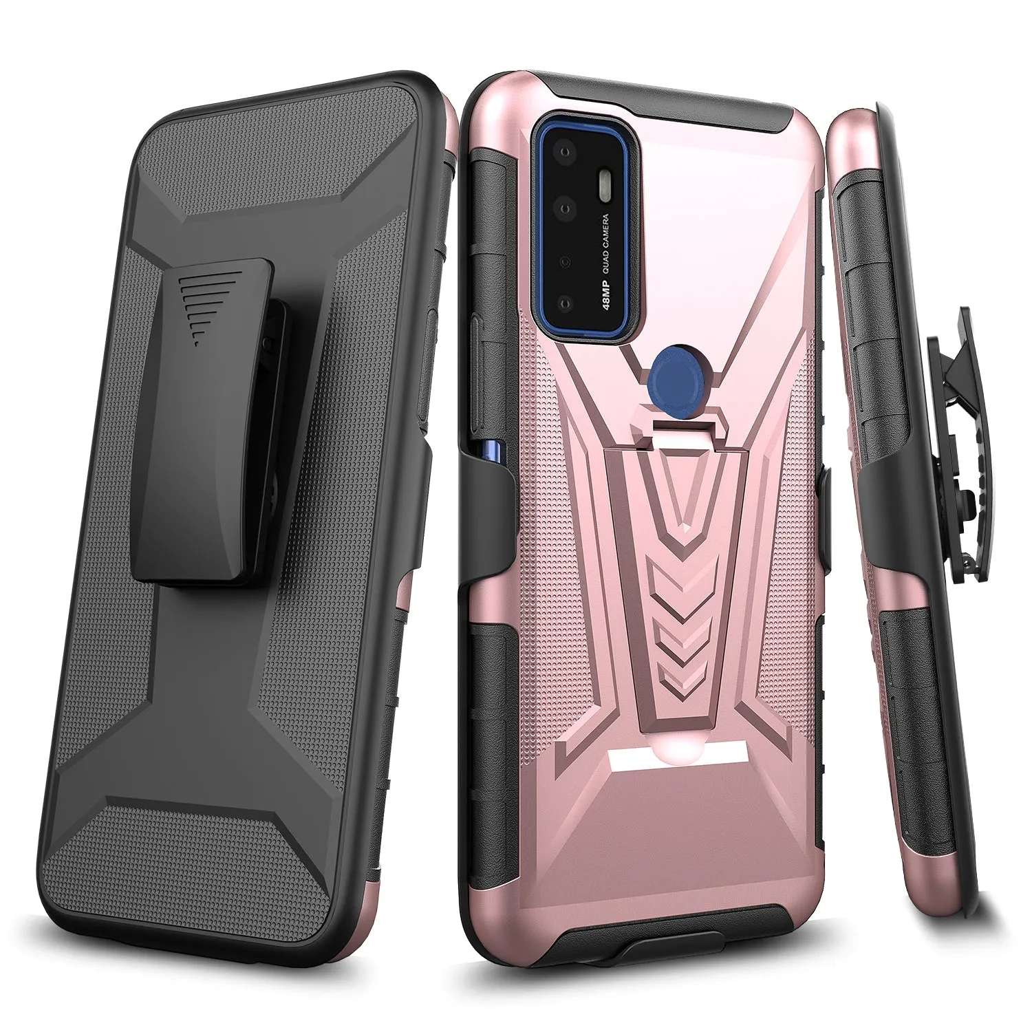 For Cricket Dream 5G / AT&T Radiant Max 5G / AT&T Fusion 5G Case with Tempered Glass Screen Protector Heavy Duty Protective Phone Case,Built-in Kickstand Rugged Shockproof Protective Phone Case - Rose Gold