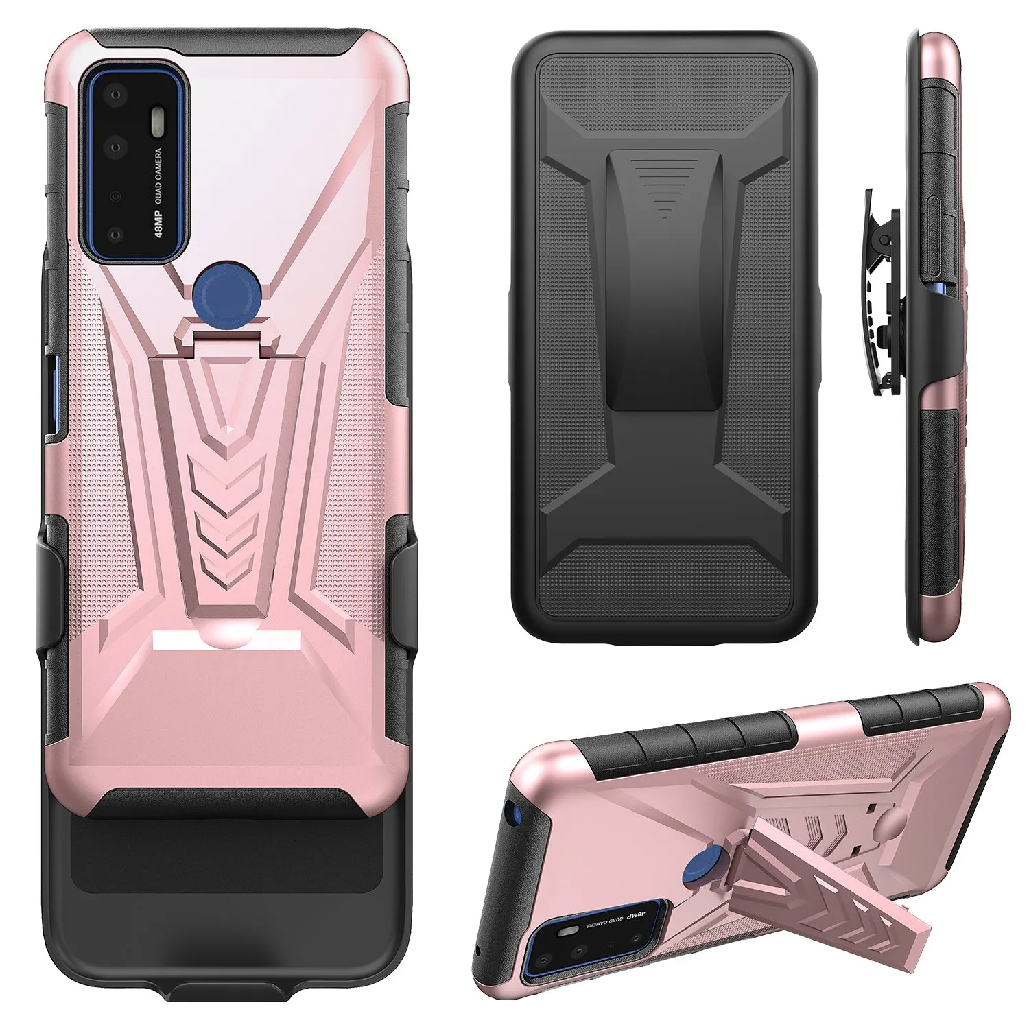 For Cricket Dream 5G / AT&T Radiant Max 5G / AT&T Fusion 5G Case with Tempered Glass Screen Protector Heavy Duty Protective Phone Case,Built-in Kickstand Rugged Shockproof Protective Phone Case - Rose Gold