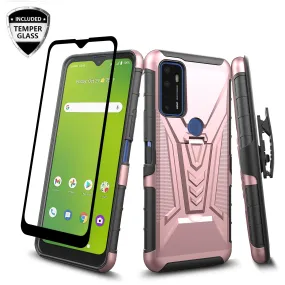 For Cricket Dream 5G / AT&T Radiant Max 5G / AT&T Fusion 5G Case with Tempered Glass Screen Protector Heavy Duty Protective Phone Case,Built-in Kickstand Rugged Shockproof Protective Phone Case - Rose Gold