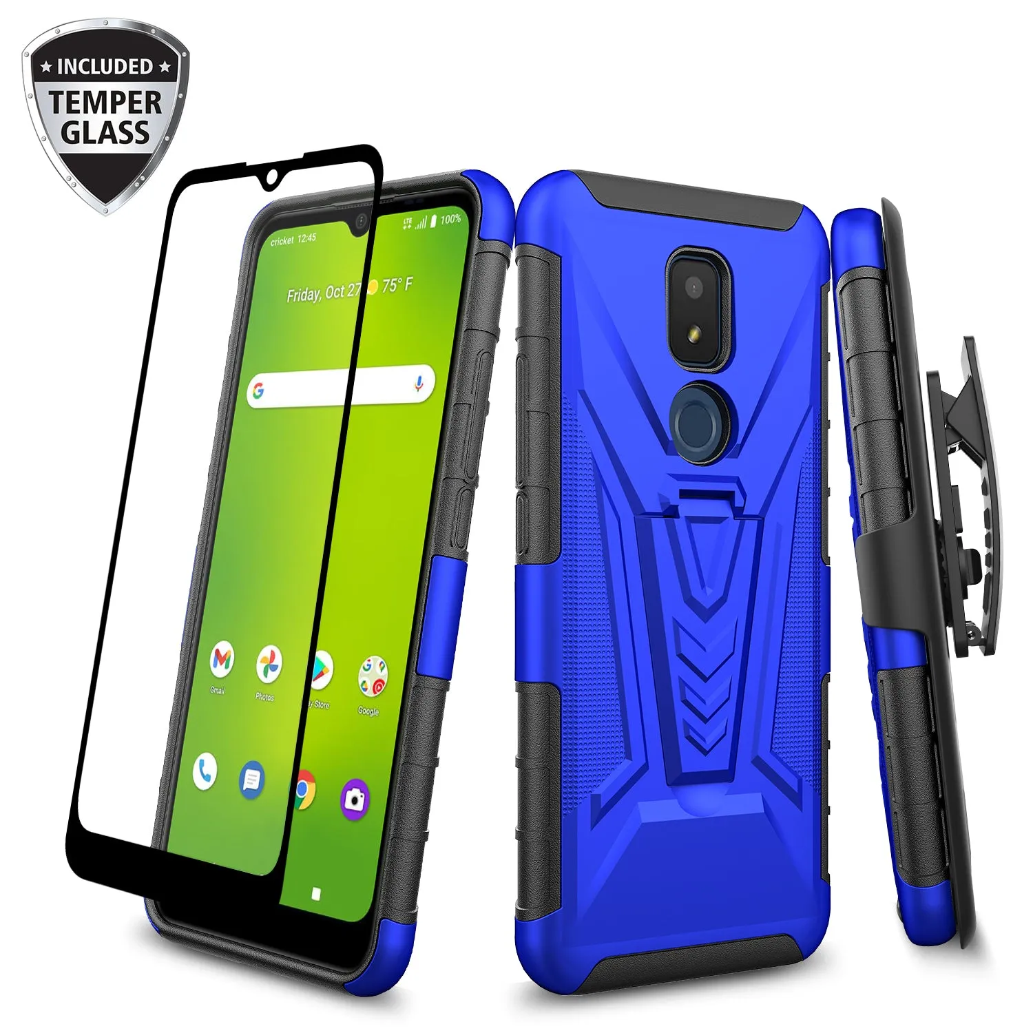 For Cricket Icon 3 (3rd Version) | At&t Motivate 2 (2nd) | Cricket Splendor Case with Tempered Glass Screen Protector Heavy Duty Protective Phone Case,Built-in Kickstand Rugged Shockproof Protective Phone Case - Blue