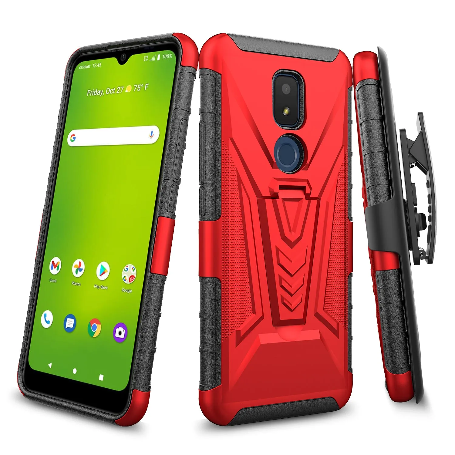 For Cricket Icon 3 (3rd Version) | At&t Motivate 2 (2nd) | Cricket Splendor Case with Tempered Glass Screen Protector Heavy Duty Protective Phone Case,Built-in Kickstand Rugged Shockproof Protective Phone Case - Red