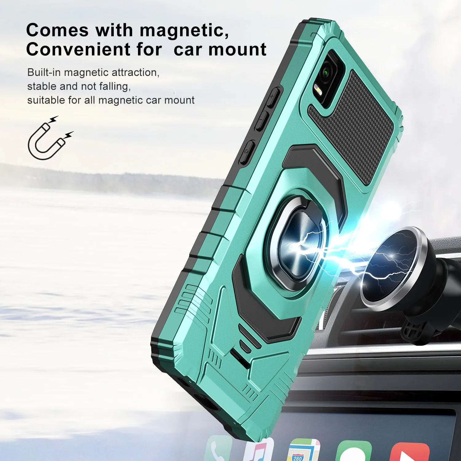 For Cricket Vision Plus Case [Military Grade] Ring Car Mount Kickstand w/[Tempered Glass] Hybrid Hard PC Soft TPU Shockproof Protective Case - Teal